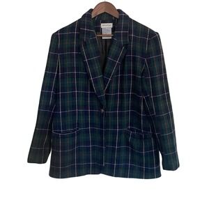 White SVintage Green Blue Plaid Wool Blend Tartan Blazer Jacket Women Size 10